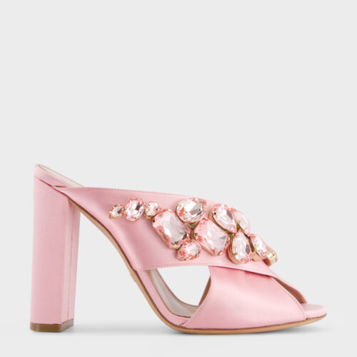 Sandali con tacco rosa quarzo in raso con strass