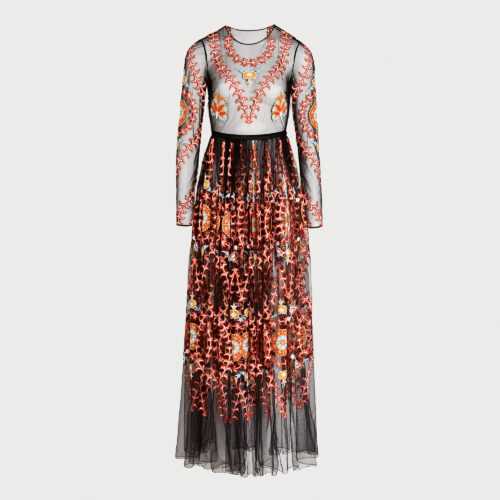 Abito lungo in tulle ricamato Silk Road