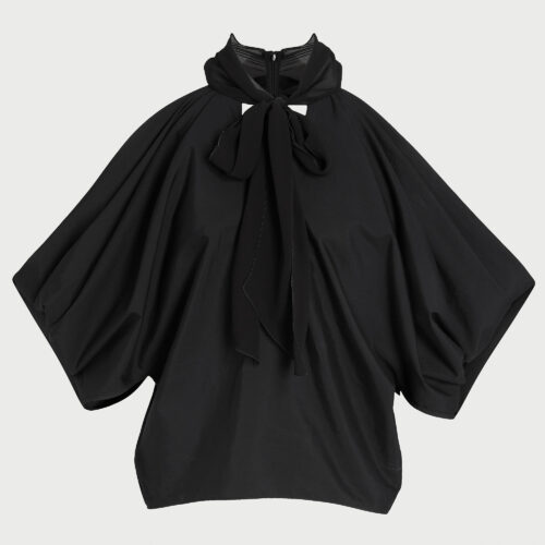 Blusa nera in popeline con fiocco al collo