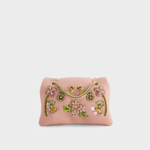 Borsa mini Airbag rosa scuro con fiori e strass