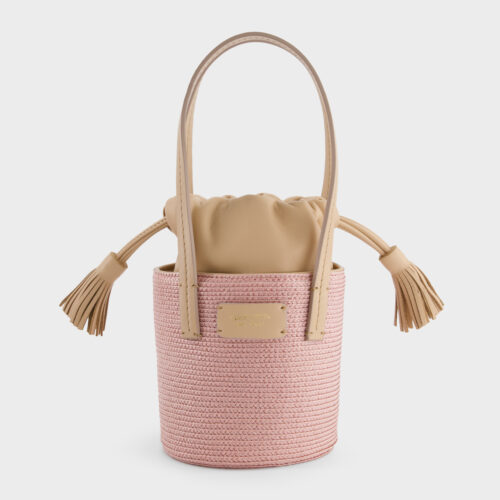 Borsa a secchiello piccola in paglia rosa pallido