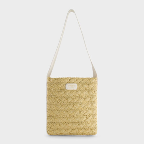 Borsa a secchiello in paglia e pelle avorio