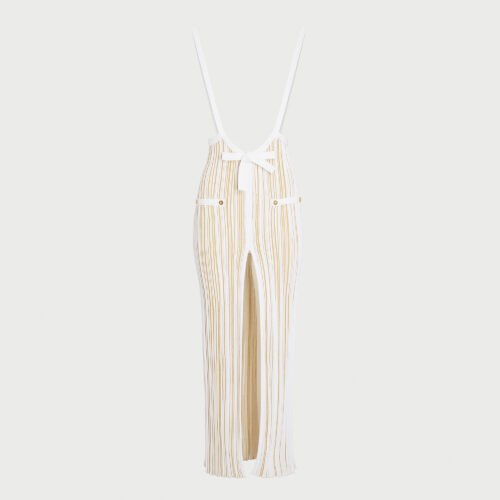 Abito con striature avorio e dorate in lurex con fiocco