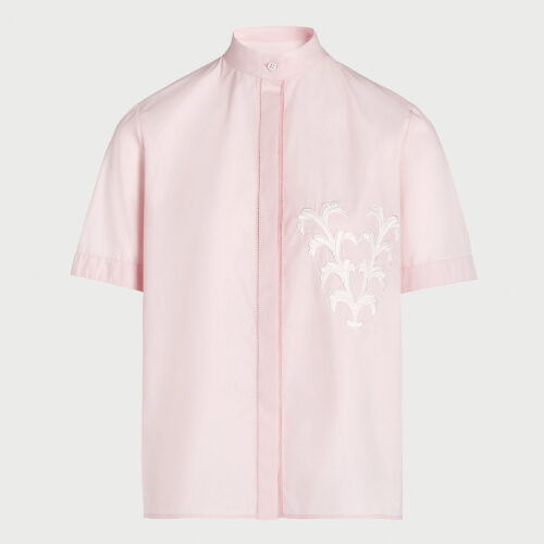 Blusa rosa pallido in popeline con V ricamata