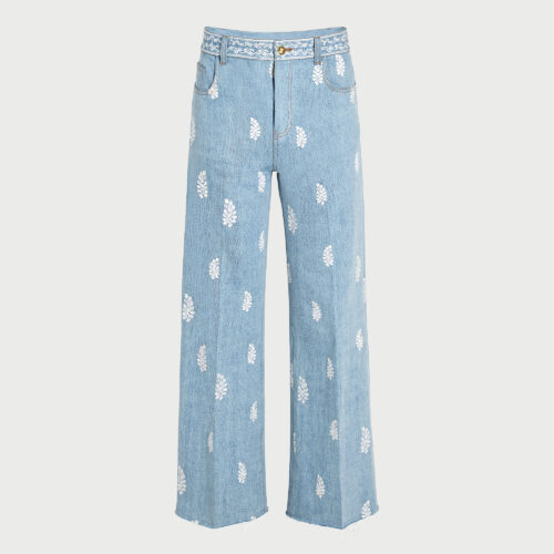 Pantalone denim blu ricamato Mint Flower