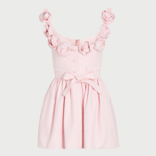 Abito corto rosa con fiocco e rose