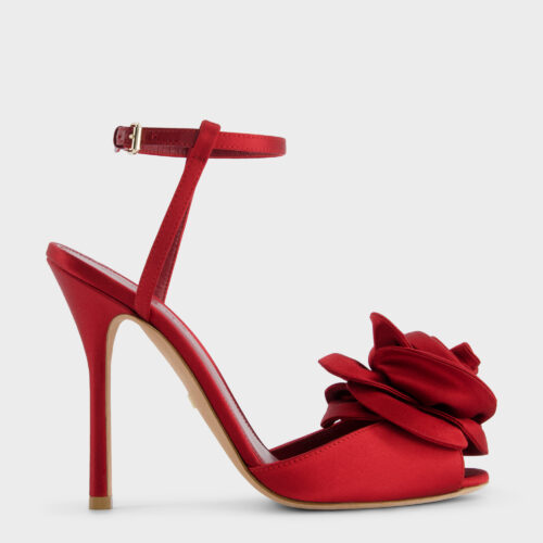 Red satin heeled sandals with flower