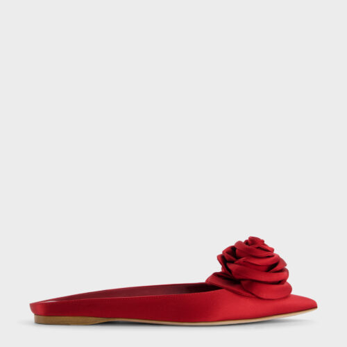 Red satin mules with flower