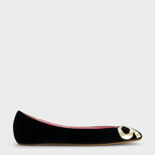 Black velvet ballerinas with gold bow