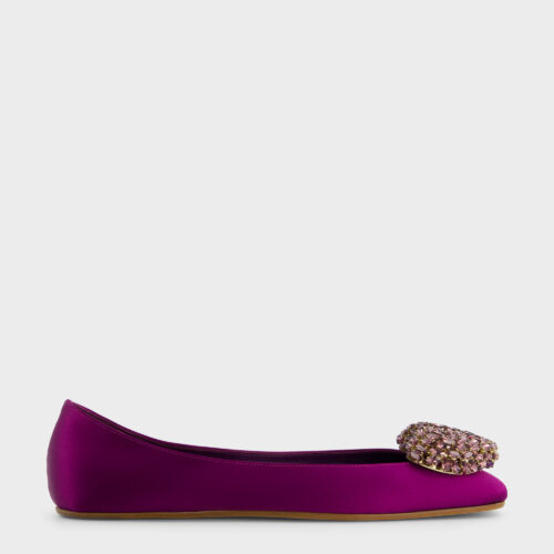 Purple satin ballerinas with rhinestone heart