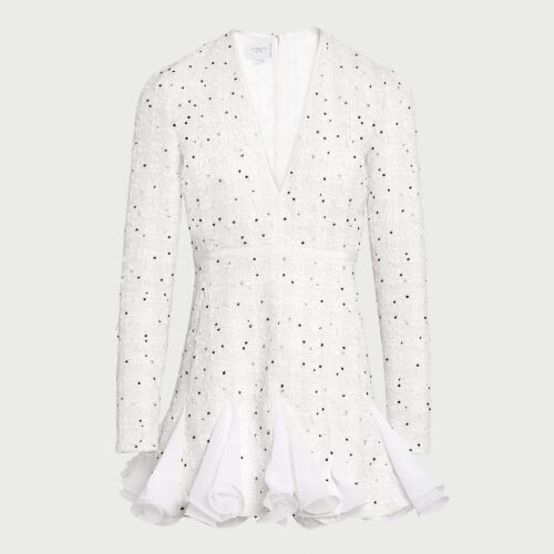 Short ivory dress with black polka dots and ruffles in bouclé