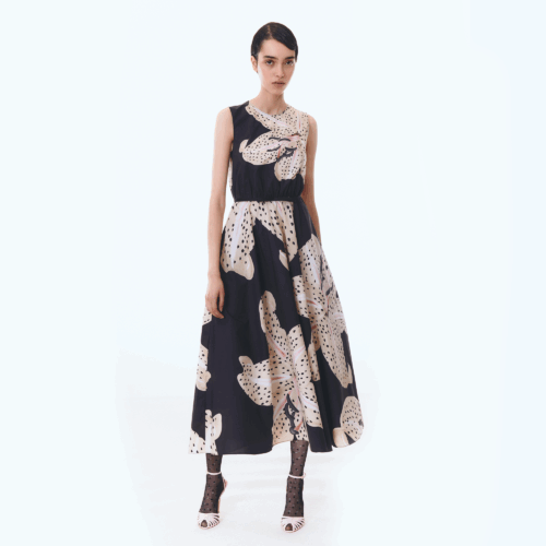 Macro lilies black popeline midi dress