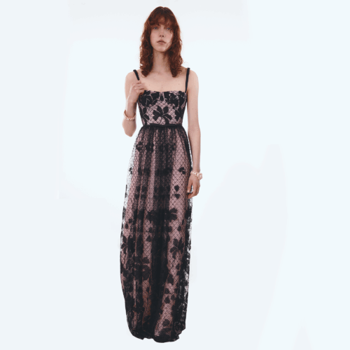 Long corset dress in tulle with floral embroidery