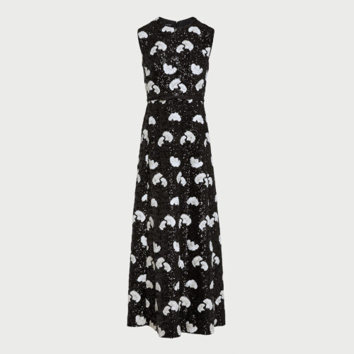 White carnations black sequin-embroidered midi dress