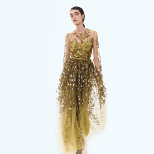 Treillage long green dress in embroidered floral tulle