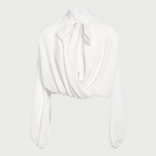 Oversize ivory self-tie neck silk blouse