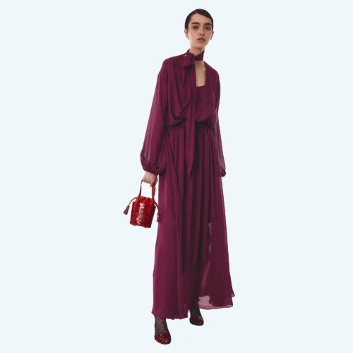 Long purple silk dress with self-tie neck