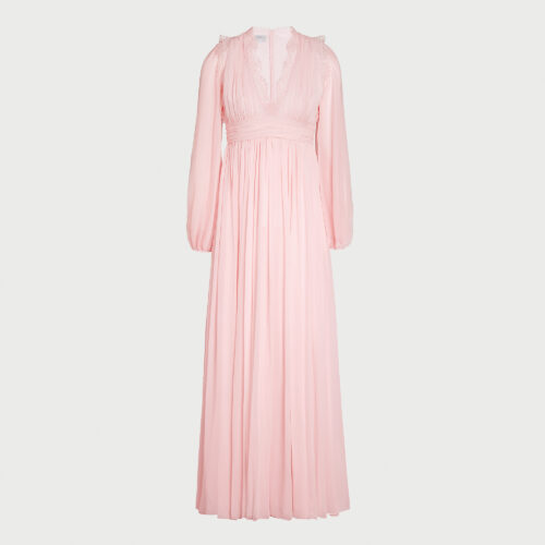 Long rose quartz silk dress and lace collar