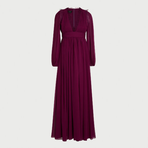 Long purple silk dress and lace collar