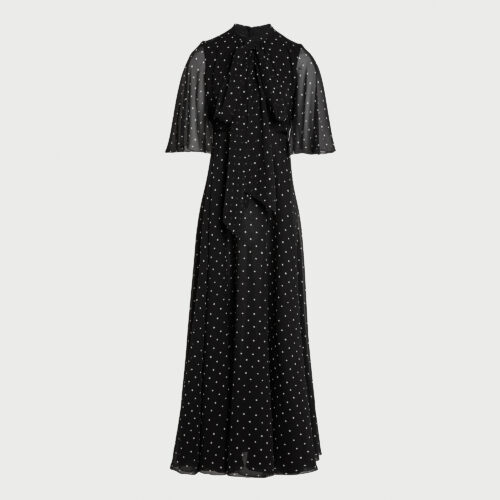 Long black silk dress with white polka dots