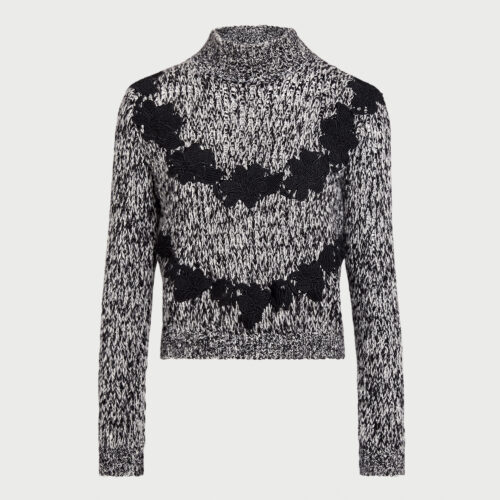 Gray wool sweater with black macramé