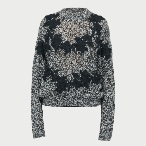 Pullover grigio in lana e macramé nero