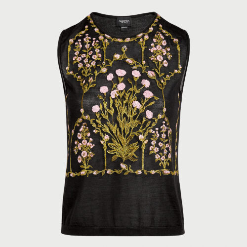Cashmere and silk embroidered treillage black tank top
