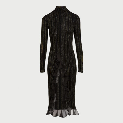 Robe longuette noire et dorée avec volants