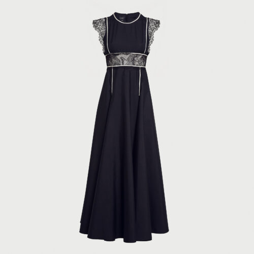 Long black popeline and lace dress