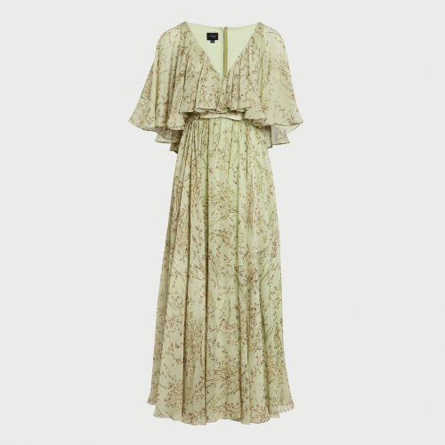 Midi wild flowers green silk dress with cape