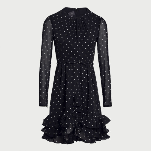 Short silk black dress with white polka dots and ruffles