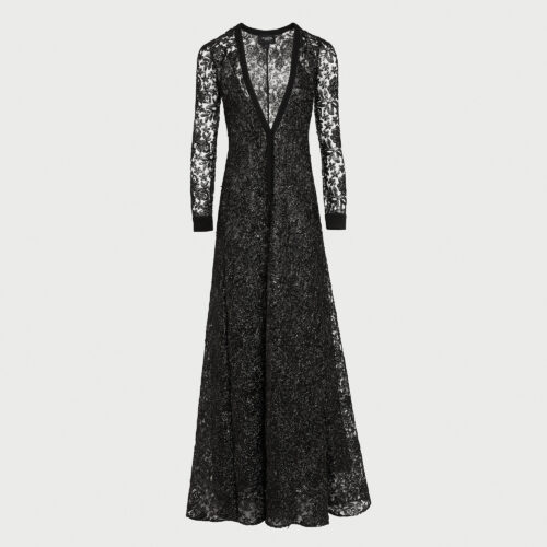Robe longue kaftan broderies noires brillantes