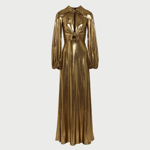 Robe longue dorée en jersey laminé avec noeuds