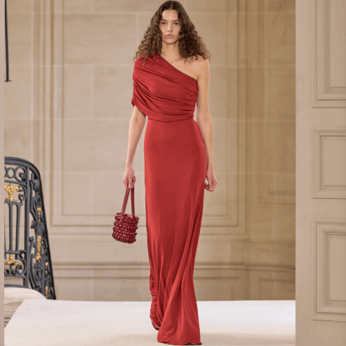 Asymmetrical draped brick long dress