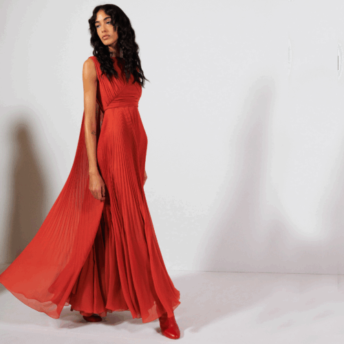 Robe longuette brique drapée en soie