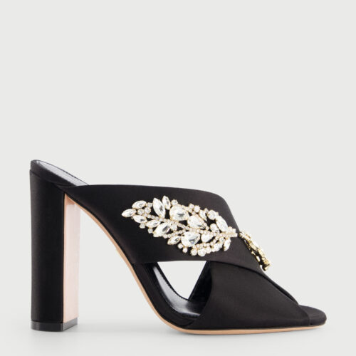 Sandali con tacco in raso nero con strass