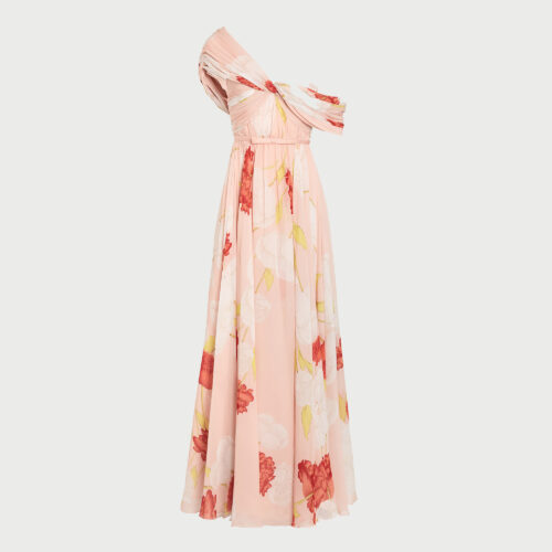 Robe longue asymétrique en soie rose Blossoms