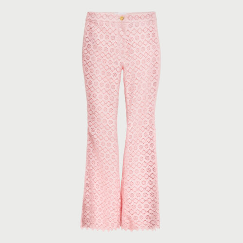 Pantalon évasé rose en macramé à motif floral