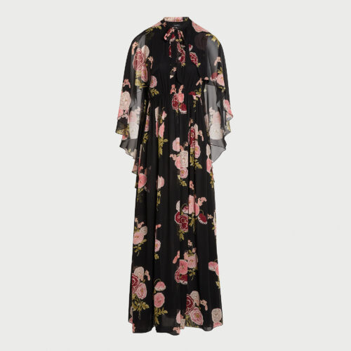 Robe longue noire en soie Pansies avec cape