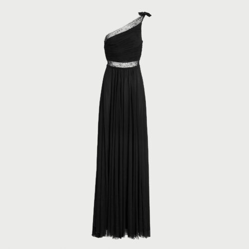Robe maxi noire asymétrique et dentelle
