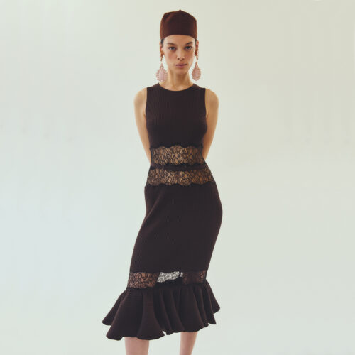 Robe midi marron en maille et dentelle
