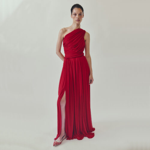 Robe longue asymétrique en jersey rouge