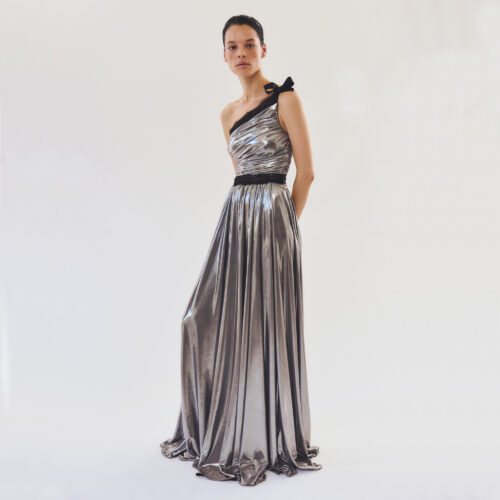 Robe maxi asymétrique en jersey argenté